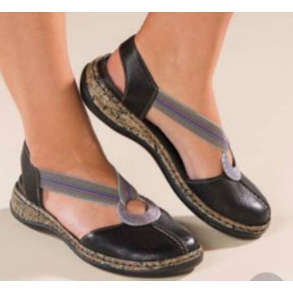 Rieker Size 37 US 6.5 Daisy Black Leather Flats Rainbow Elastic Straps Medallion